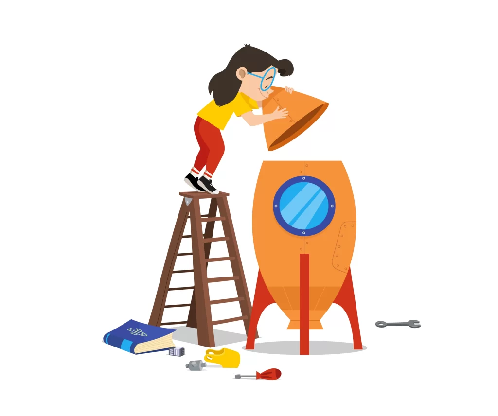 An illustration of a young girl building a rocket ・ロケットを作る少女のイラス・