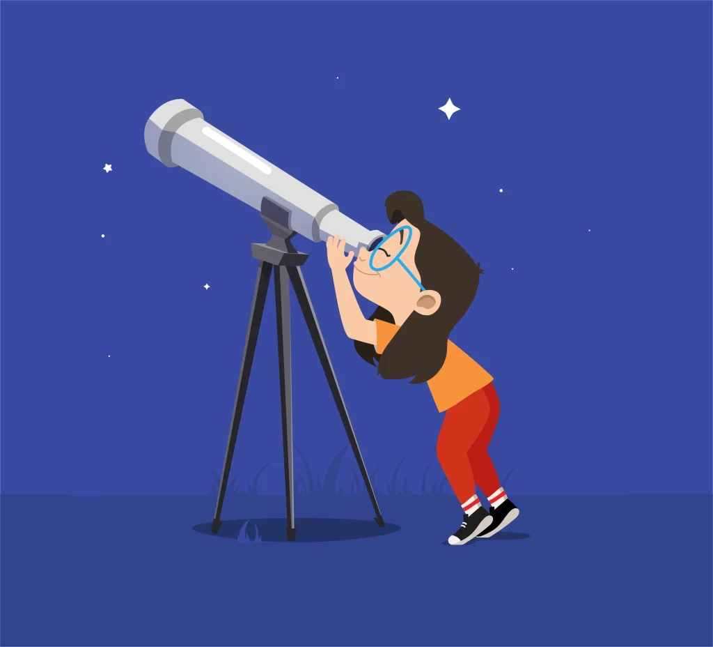 Illustration of a young girl looking at the stars through a telescope ・望遠鏡で星を眺める少女のイラスト