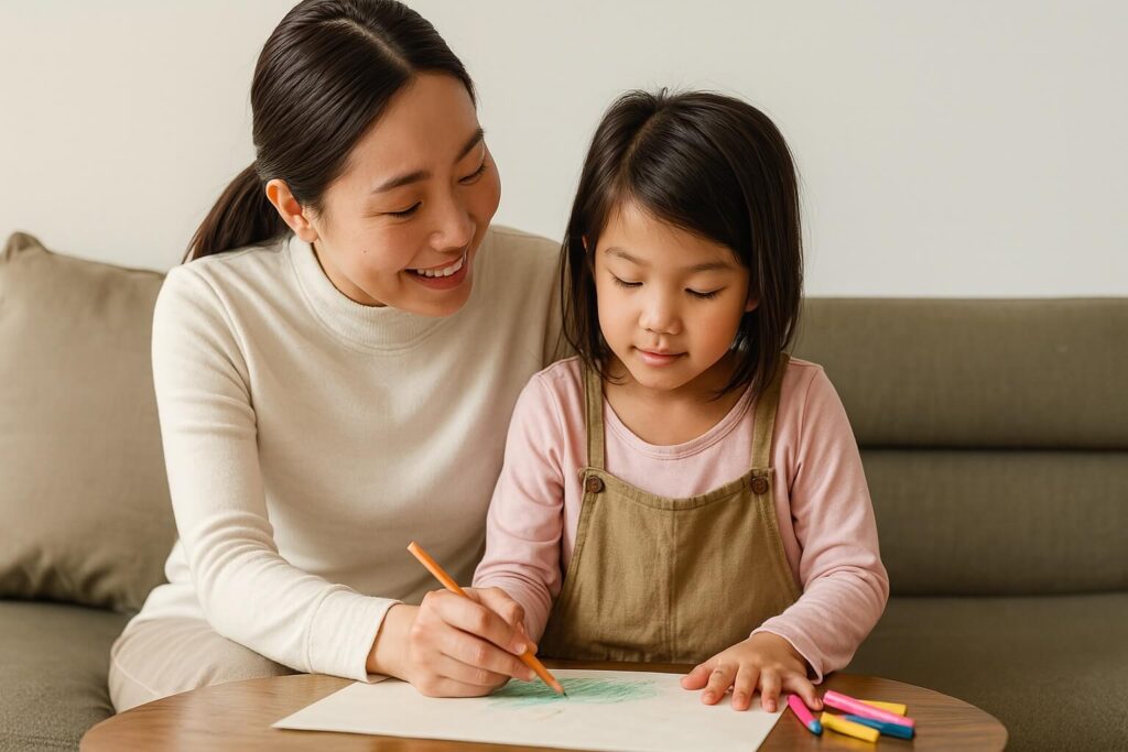 Woman sitting on a sofa with her daughter drawing a picture together