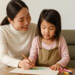 Woman sitting on a sofa with her daughter drawing a picture together