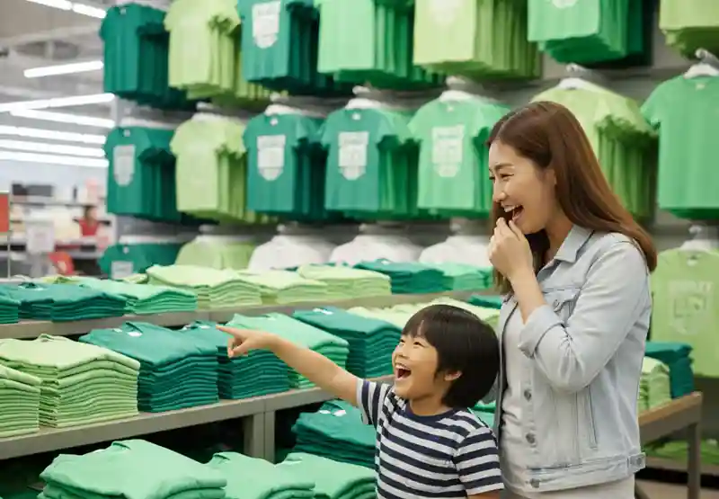 衣料品店で母親と息子がたくさんの緑色のTシャツを指さしている様子。