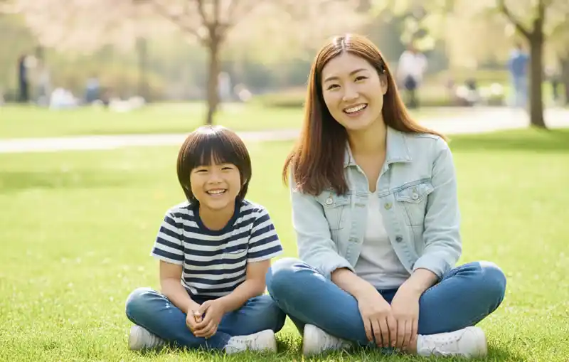 晴れた公園で母親と息子が笑顔で座っている様子。