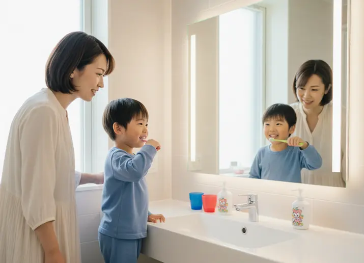 Mother and son brushing their teeth
