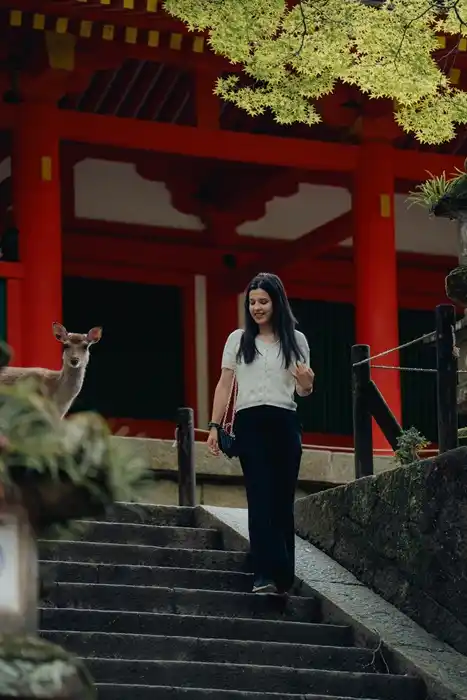寺院の階段を下りる女性を、近くで鹿が見つめている様子