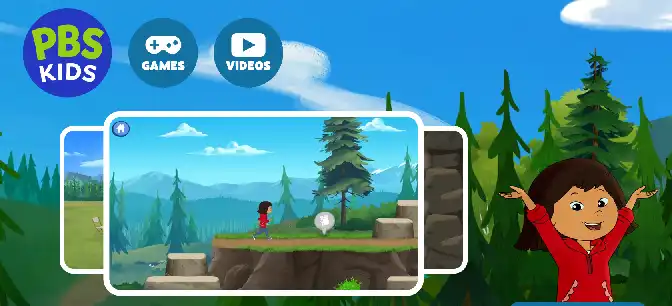 PBS KIDS branding with Games and Videos icons above a forest adventure game scene; a running child on a cliff as a girl in red waves on the right.