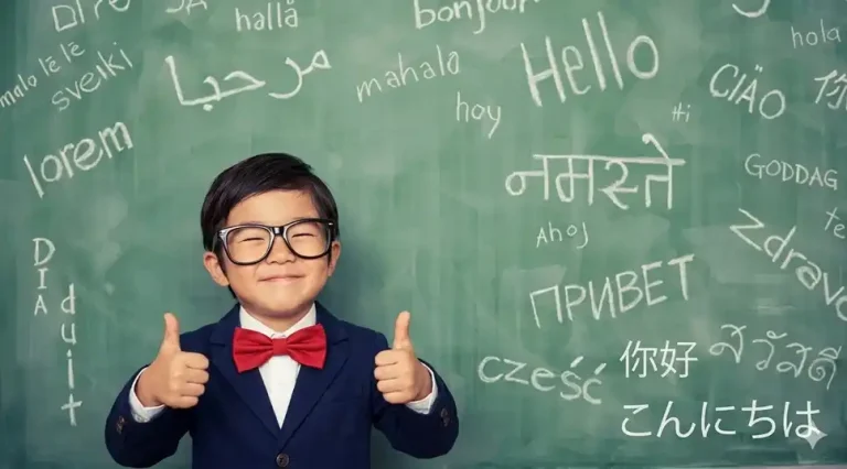 A boy stands smiling in front of a blackboard filled with different words for "Hello"