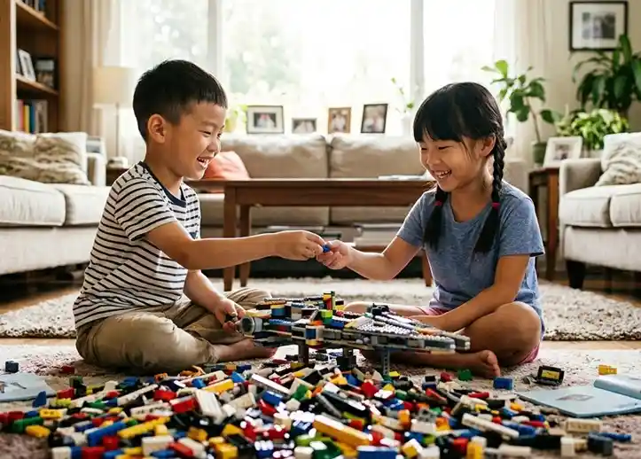 A boy and a girl playing with Lego