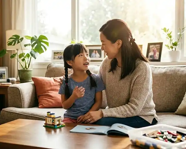 A girl and her mother sitting on a sofa chatting