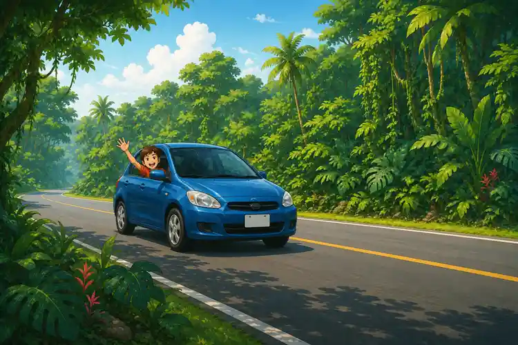 boy in car on jungle road