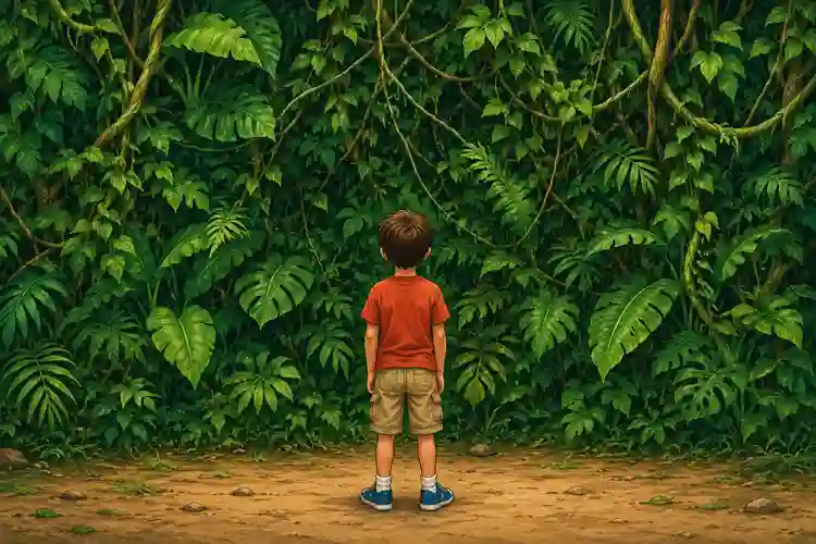 a boy in front of dense jungle vegetation