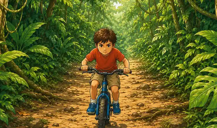 a boy riding his bike through the jungle